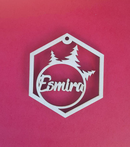 Personalized Wooden Christmas Ornament: Winter Forest Wedding Place Card