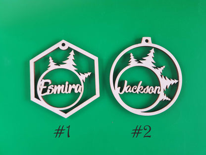 Personalized Wooden Christmas Ornament: Winter Forest Wedding Place Card