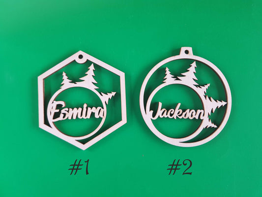 Personalized Wooden Christmas Ornament: Geometric Winter Forest Name Decoration