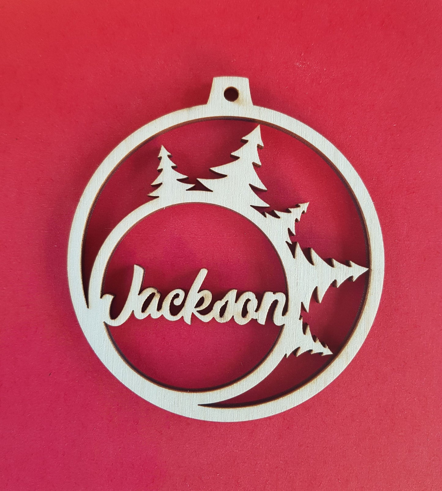 Personalized Wooden Christmas Ornament: Geometric Winter Forest Name Decoration