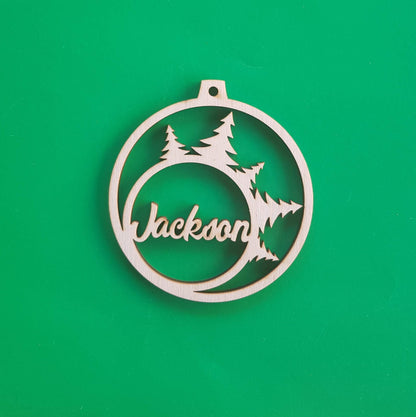 Personalized Wooden Christmas Ornament: Geometric Winter Forest Name Decoration