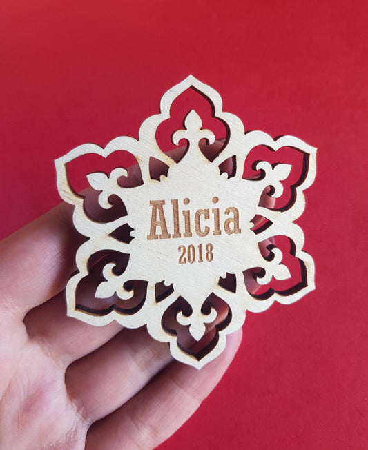 Personalized Wooden Snowflake Ornament: Laser Cut Christmas Decoration