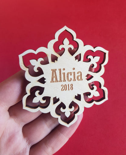 Personalized Christmas Snowflake Ornament: Laser Cut Wooden Name Tag