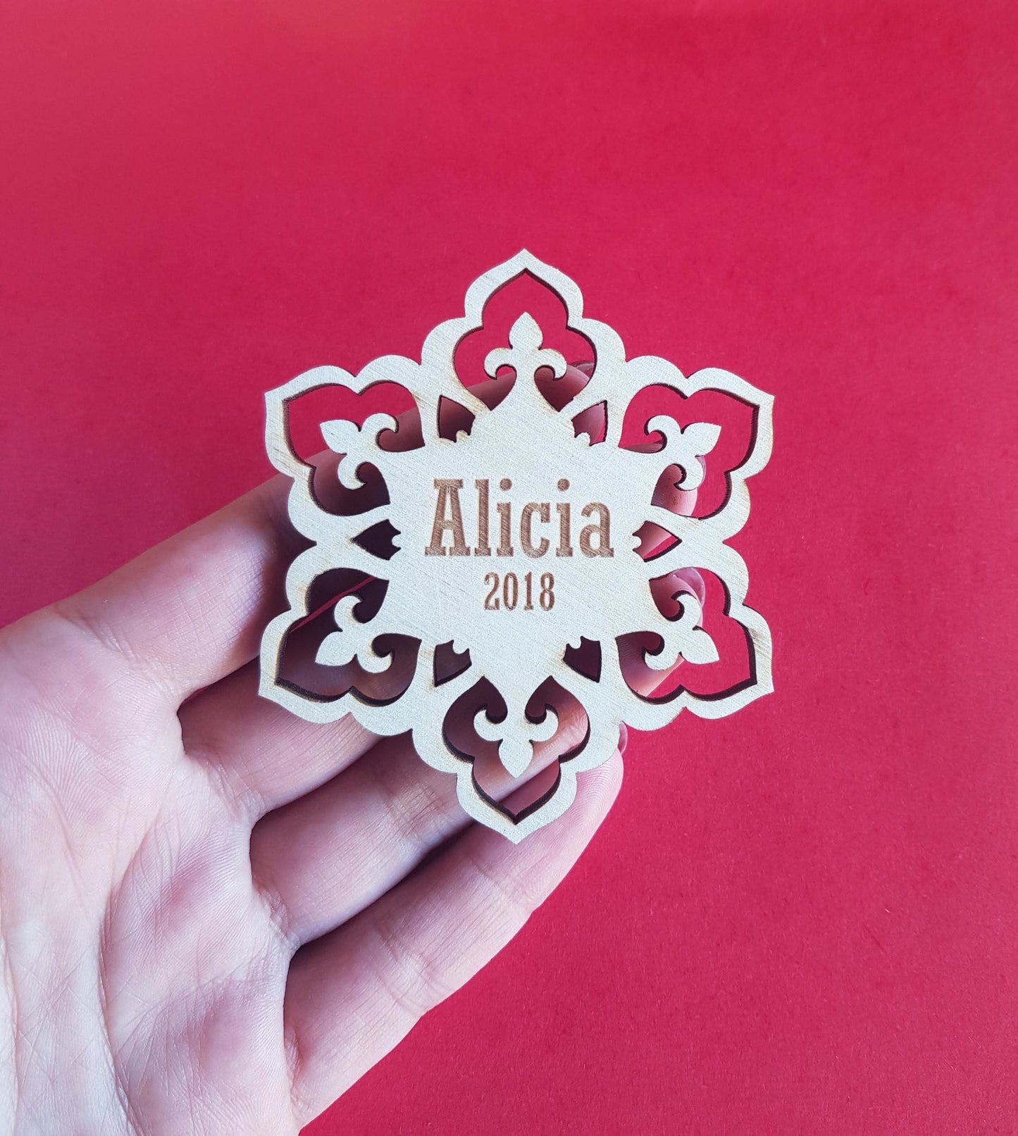 Personalized Wooden Snowflake Ornament: Laser Cut Christmas Decoration