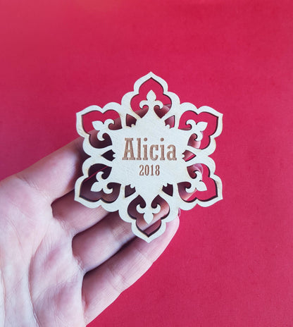 Personalized Christmas Snowflake Ornament: Laser Cut Wooden Name Tag