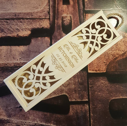 Personalized wedding wine box lantern, Laser cut wooden wine holder with engraved custom names, save the date, anniversary gift for couple