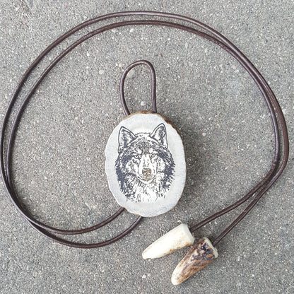 Engraved Wolf Bolo Tie: Deer Horn Pendant, Leather Strap Necklace