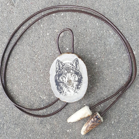 Engraved Wolf Bolo Tie: Deer Horn Pendant, Leather Strap Necklace