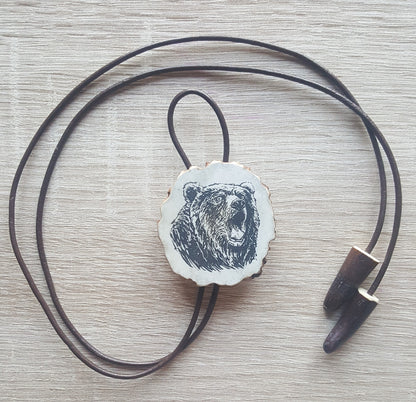 Engraved Grizzly Bear Bolo Tie: Handmade Deer Horn Pendant Necklace US TAXES PAID