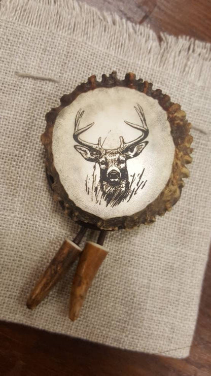 Men western bolo tie Leather antler necklace for him Native necklace with engraved pendant Statement cowboy bolo Hunters Gift Deer hunting