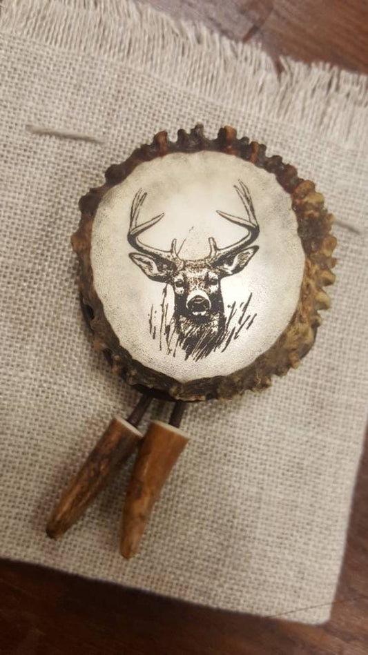 Men western bolo tie Leather antler necklace for him Native necklace with engraved pendant Statement cowboy bolo Hunters Gift Deer hunting