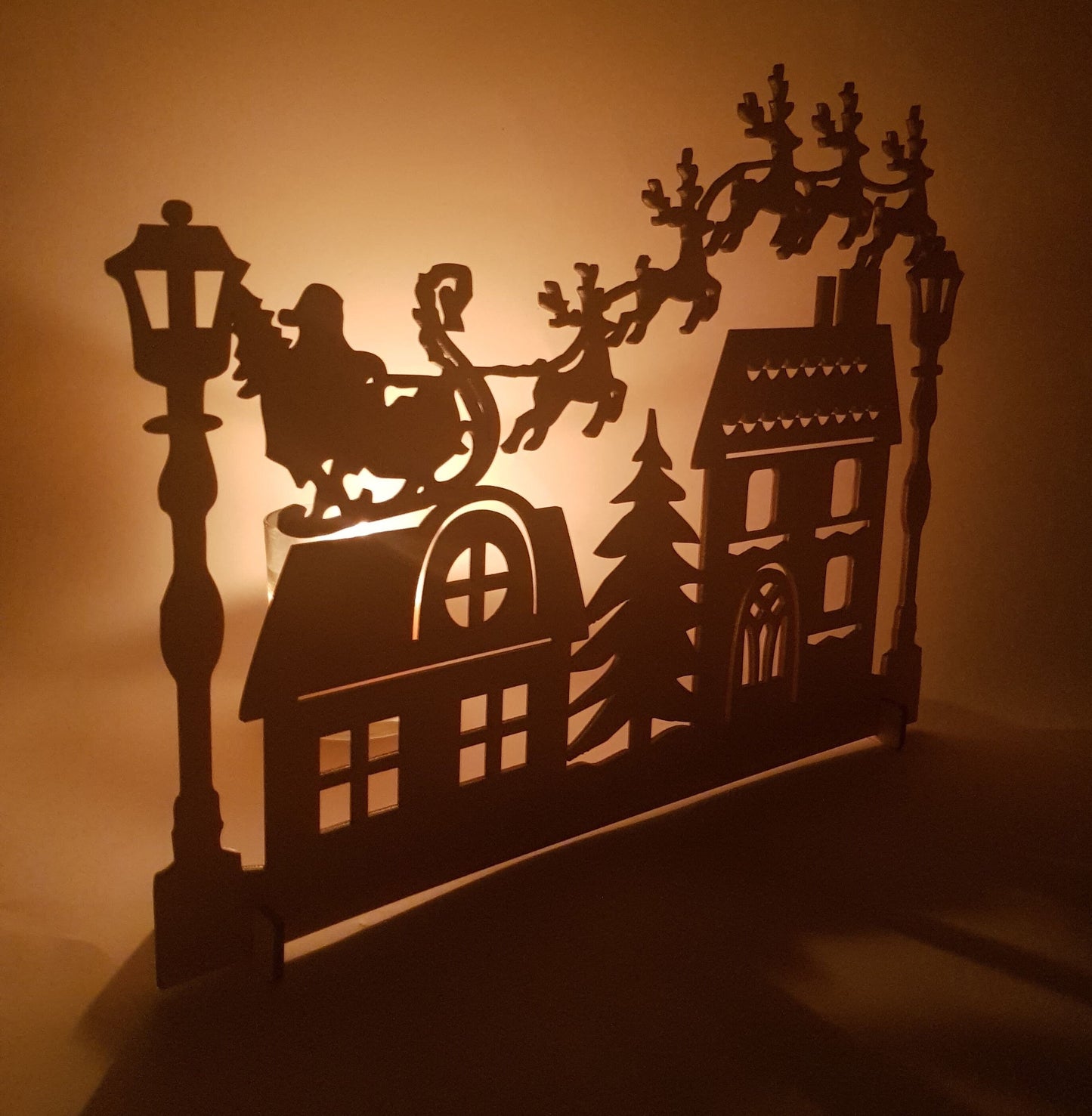 Wooden Christmas Village House Ornament: Santa and Reindeer Scene