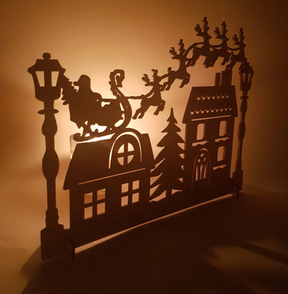 Wooden Christmas Village House Ornament: Santa and Reindeer Scene