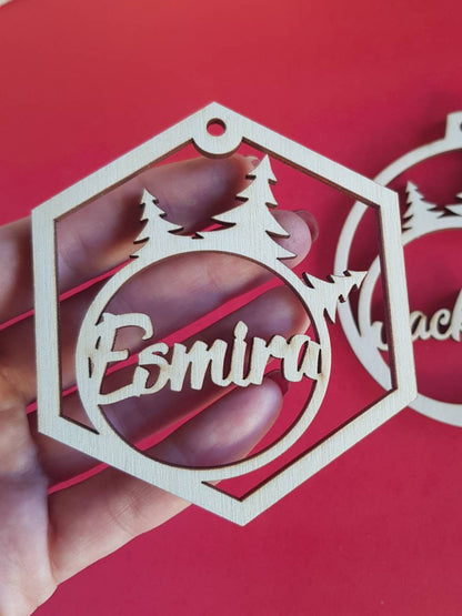 Personalized Wooden Christmas Ornament: Winter Forest Wedding Place Card