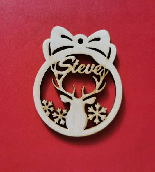 Personalized Wood Christmas Ornament: Deer Name Tag, Winter Bauble Gift