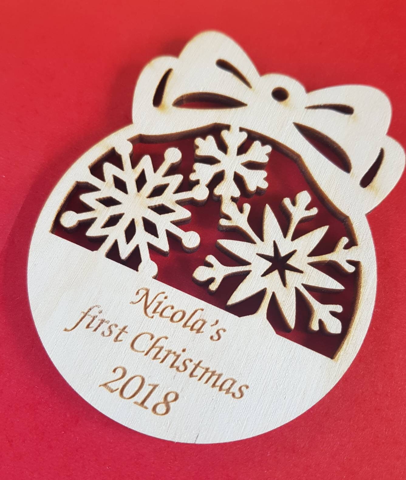 Personalized 1st Christmas Ornament: Laser Cut Wood Snowflake Bauble