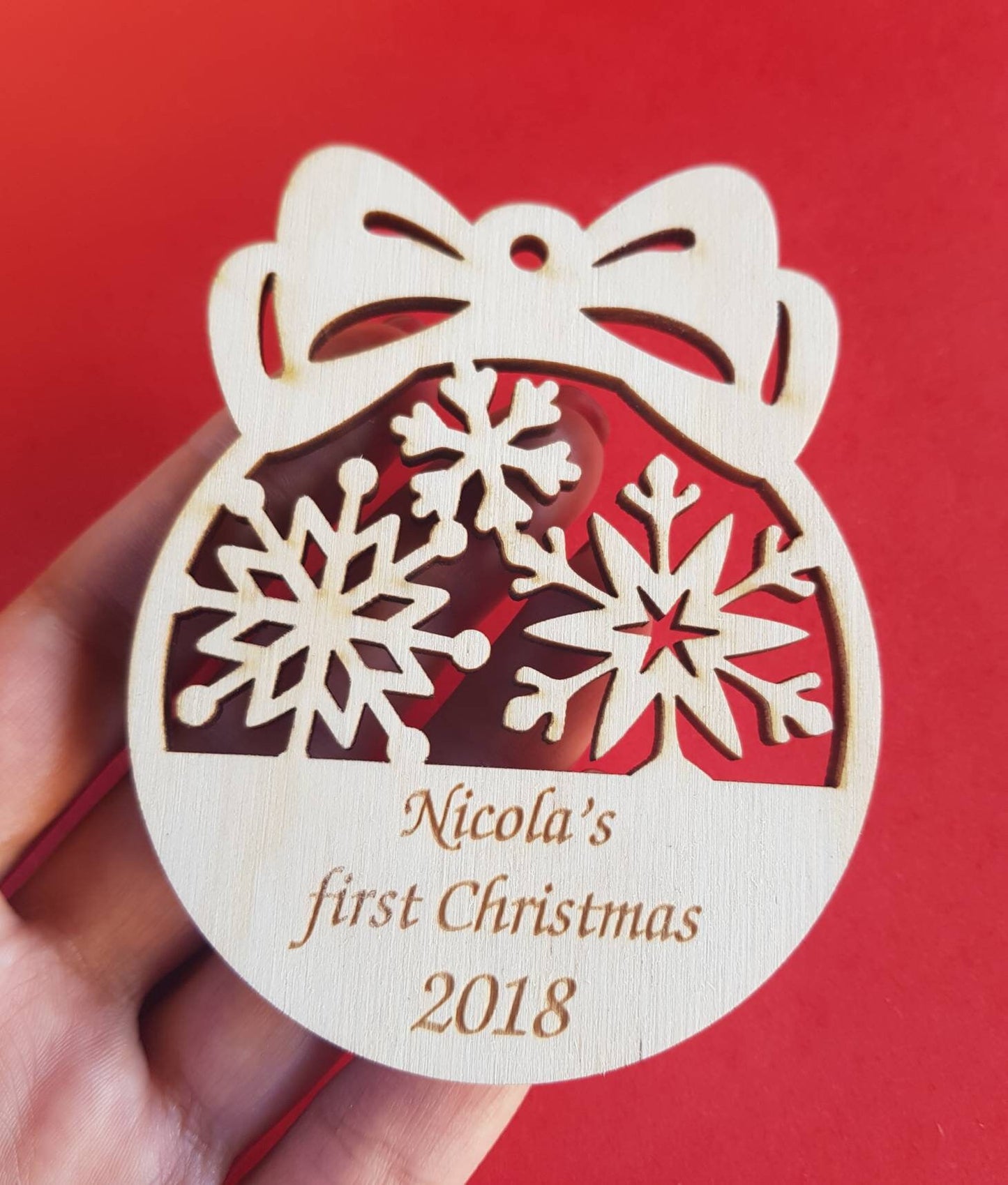 Personalized 1st Christmas Ornament: Laser Cut Wood Snowflake Bauble