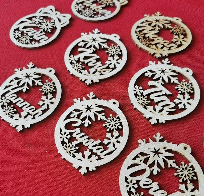 10 Personalized Snowflake Ornaments: Laser Cut Wood Christmas Baubles
