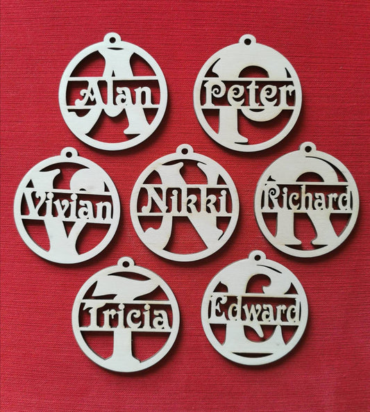 10 Laser Cut Personalized Christmas Ornaments: Wooden Name Tags