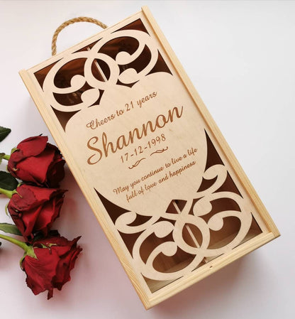Personalized wedding wine box for 2 bottles, laser cut wooden wine holder with engraved text. CUSTOM ORDER. Phone number required.