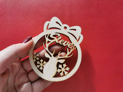 Personalized Wood Christmas Ornament: Deer Name Tag, Winter Bauble Gift