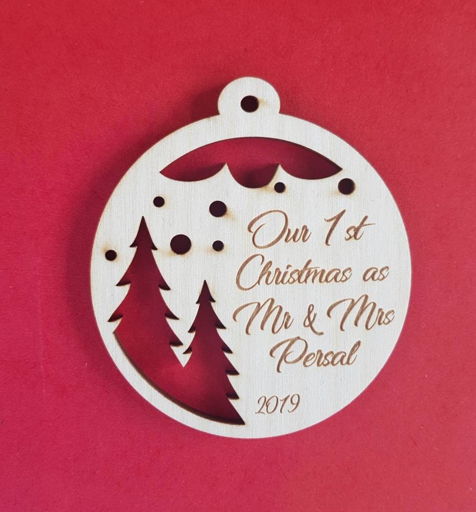 Personalized Mr & Mrs Wooden Christmas Ornament: Laser Cut Bauble