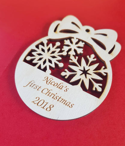 Personalized 1st Christmas Ornament: Laser Cut Wood Snowflake Bauble