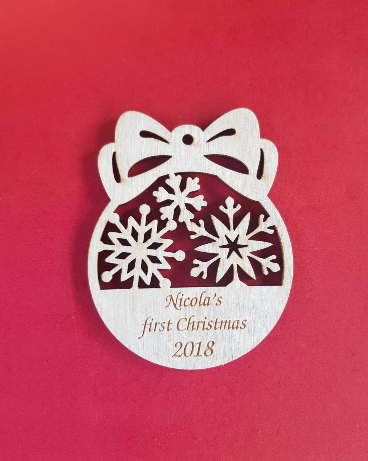 Personalized 1st Christmas Ornament: Laser Cut Wood Snowflake Bauble