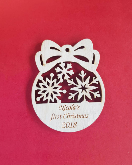 Personalized 1st Christmas Ornament: Laser Cut Wood Snowflake Bauble