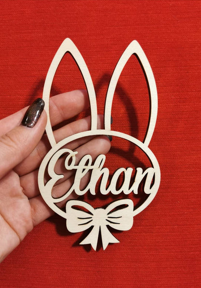 Personalized Wooden Easter Basket Tag: Laser Cut Bunny Name Ornament