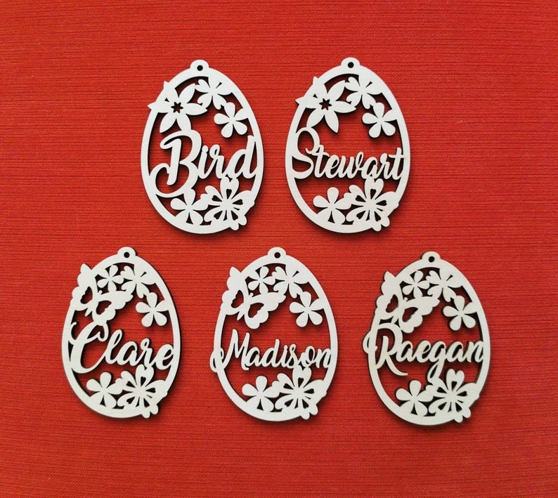 Personalized Easter Egg Ornament: Laser Cut Birch Plywood, Spring Flower Decor