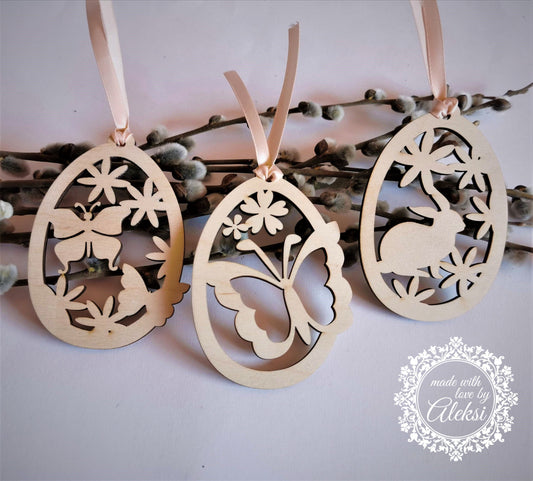 Laser Cut Wood Easter Egg Ornament: Bunny, Butterfly, Flower Decor