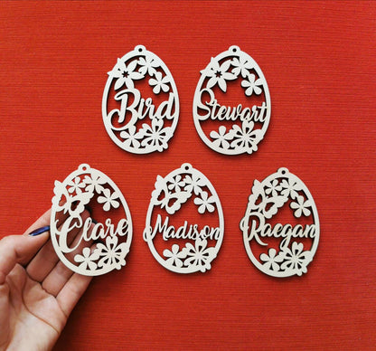 5 Personalized Easter eggs, boy girl basket tag, wooden laser cut spring ornament, flower buterffly shape, Easter present