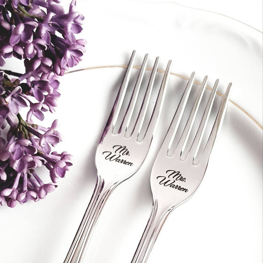 Engraved Wedding Forks: Personalized Mr & Mrs Keepsake, Italian Stainless Steel