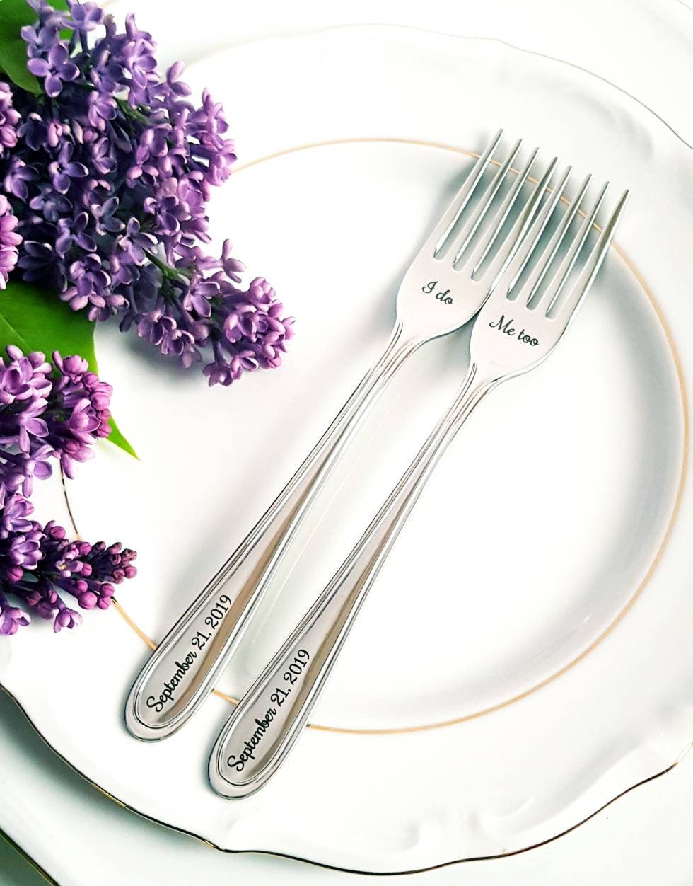 Personalisiertes Hochzeitsessset für Braut und Bräutigam, gravierte Gabeln als Geschenk, individuelles Geschenk zur Brautparty zum Jahrestag, Silberbesteck