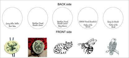CUSTOM ORDER. 5 bolo ties with engraved animals on the front & text on the back side, 5 boxes included (engraved animals and text on each)