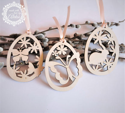 Laser Cut Wood Easter Egg Ornament: Bunny, Butterfly, Flower Decor