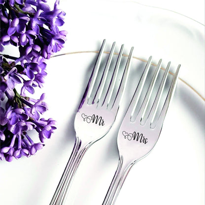 Engraved Wedding Cake Forks: Mr & Mrs Keepsake Dining Set