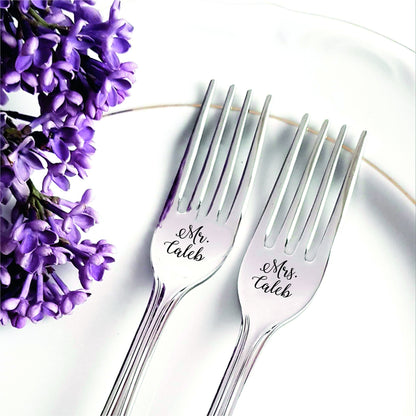Engraved Mr & Mrs Forks: Personalized Wedding Cake Cutting Set