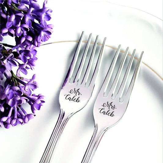Engraved Mr & Mrs Forks: Personalized Wedding Cake Cutting Set
