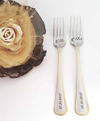 Engraved Wedding Forks: Personalized Mr & Mrs Gold Flatware Set
