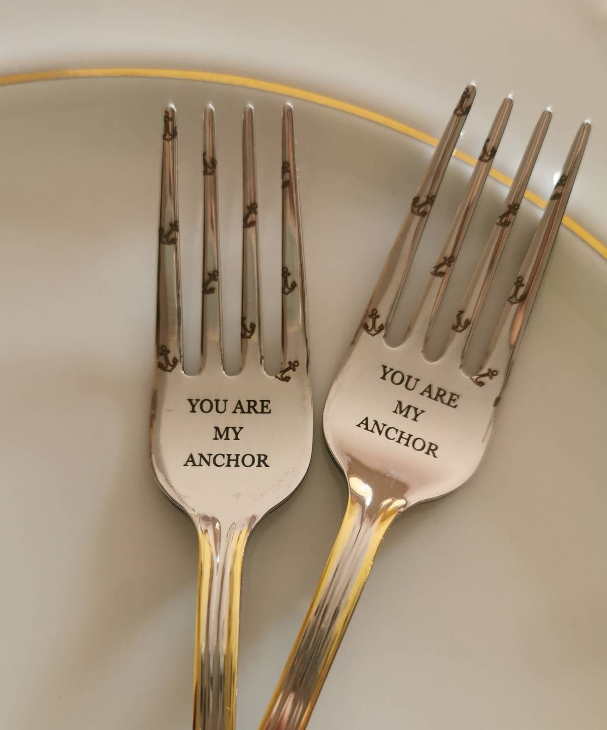 Engraved Anchor Wedding Forks: Personalized Beach Theme Flatware Set