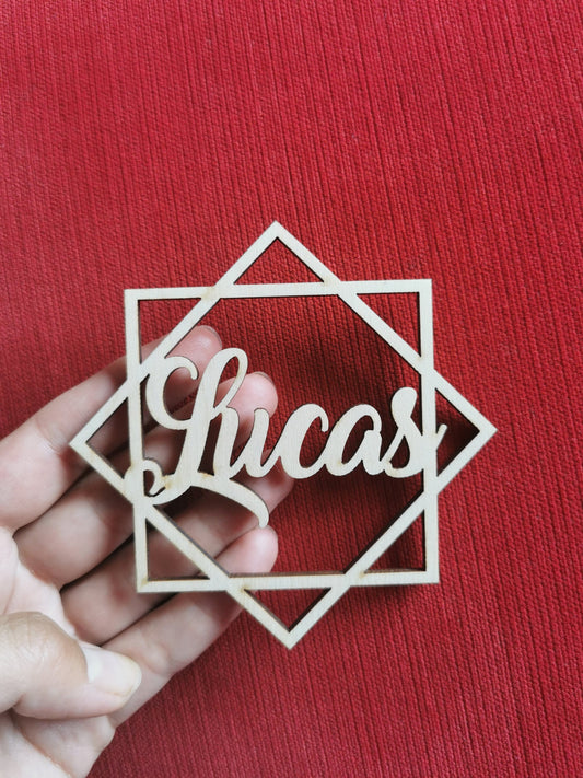 Christmas name ornament, wooden gift tag, wedding place cards, personalized decoration, geometric shape