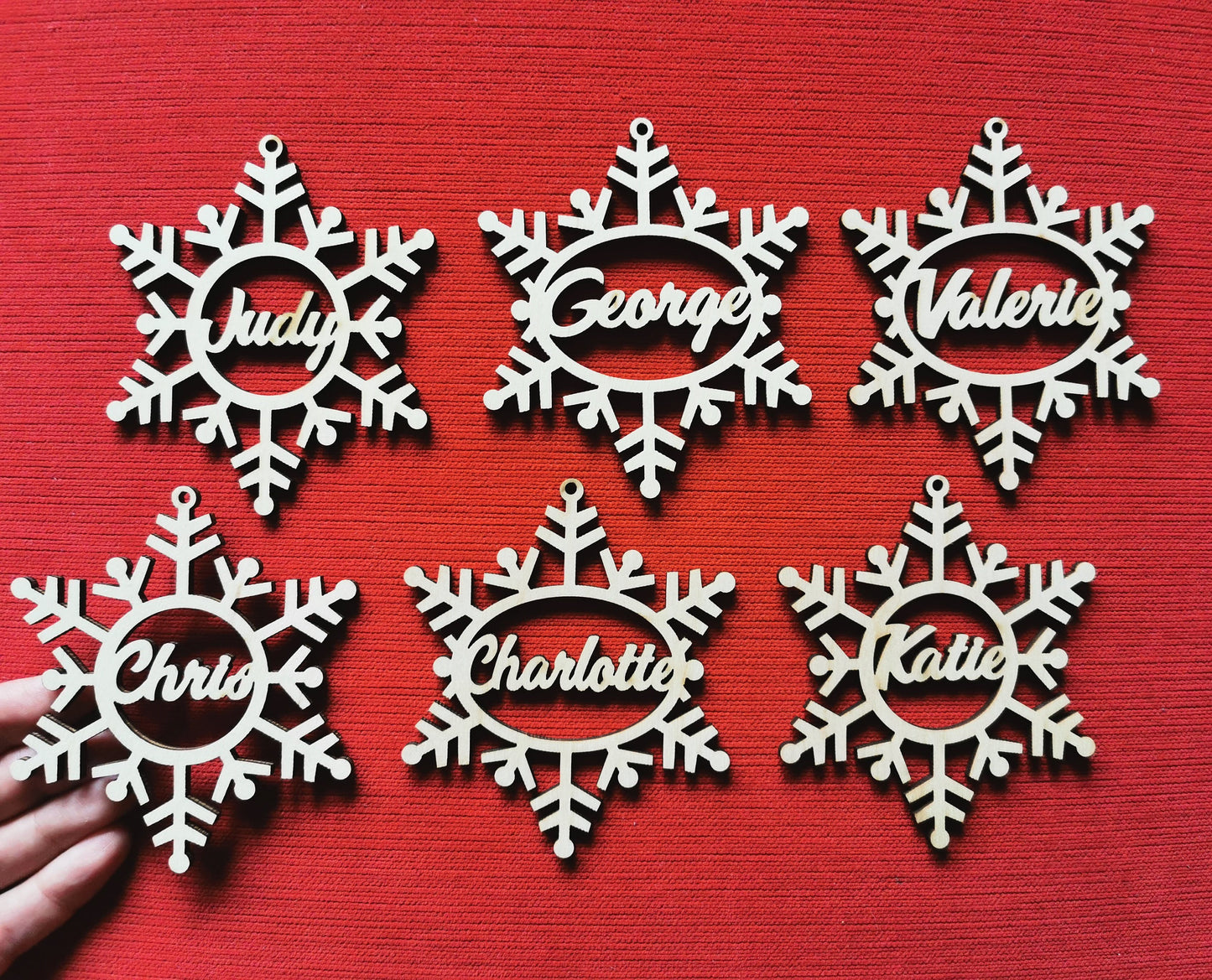 Personalized Wooden Snowflake Christmas Baubles: Laser Cut Name Ornaments (Set of 5)