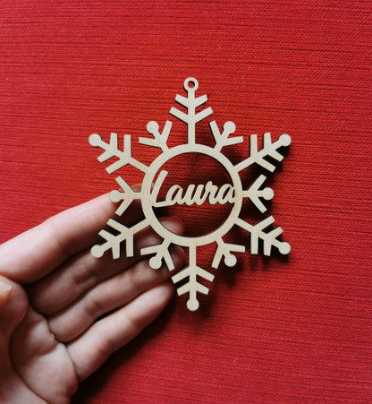 Personalized Wooden Snowflake Christmas Baubles: Laser Cut Name Ornaments (Set of 5)