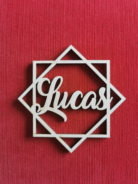 Christmas name ornament, wooden gift tag, wedding place cards, personalized decoration, geometric shape