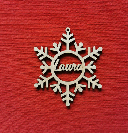 Personalized Wooden Snowflake Christmas Baubles: Laser Cut Name Ornaments (Set of 5)