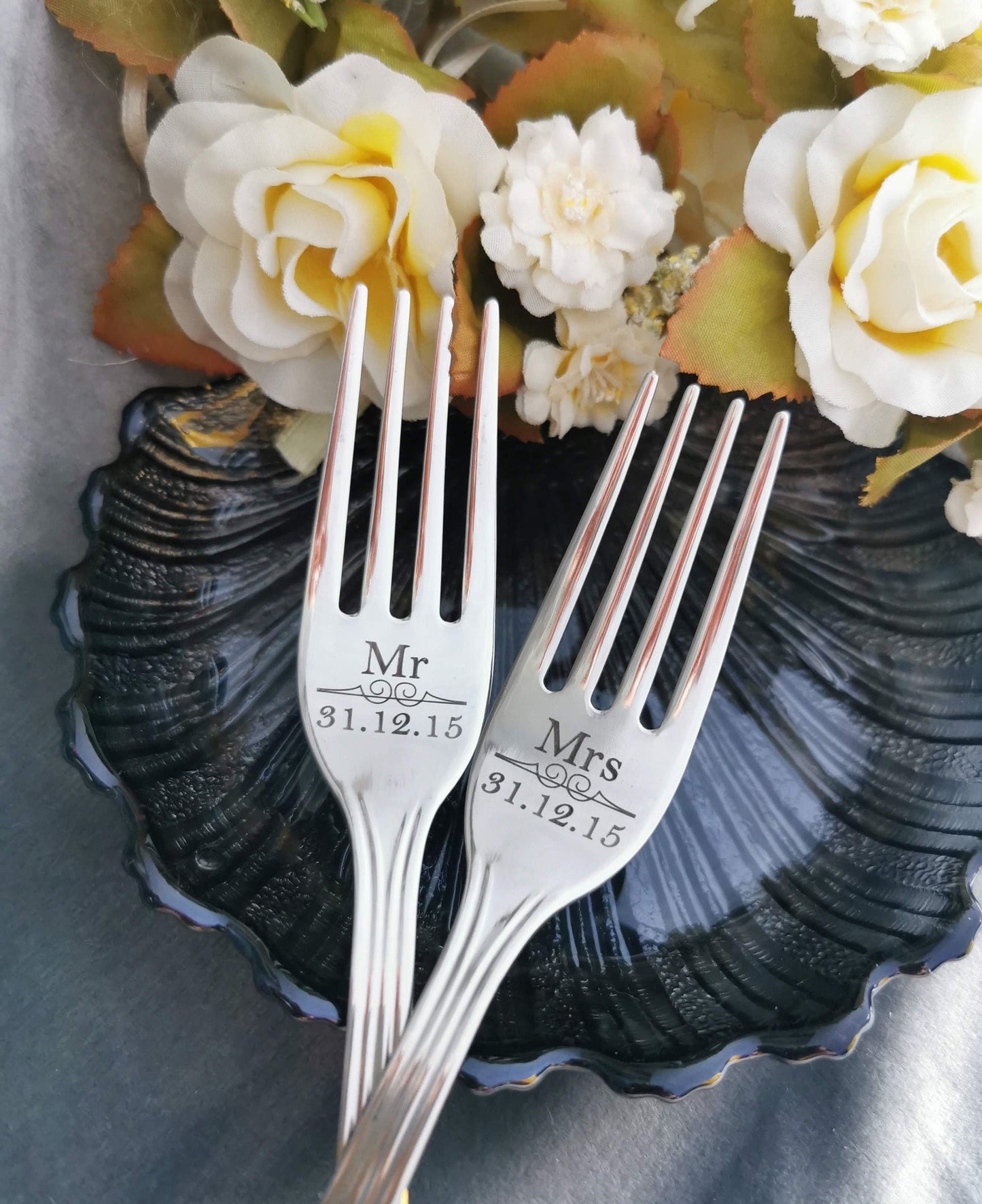 Engraved Wedding Cake Forks: Personalized Mr & Mrs Keepsake