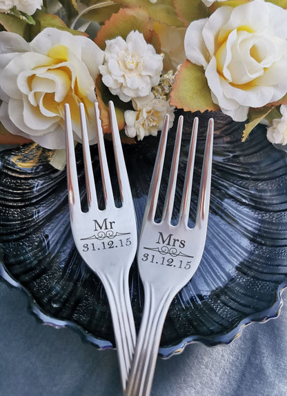 Engraved Wedding Cake Forks: Personalized Mr & Mrs Keepsake