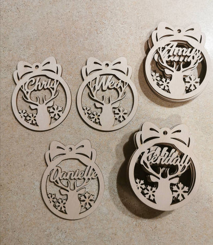 Personalized Wood Christmas Ornament: Deer Name Tag, Winter Bauble Gift